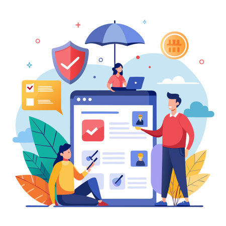 A man and a woman are standing in front of a large tablet.  The man is pointing to the tablet and smiling, while the woman is holding a phone in her hand.  There is a shield with a check mark on it, an umbrella, and a coin with a check mark on it, all in the background.  This illustration represents a concept of security and protection.のイラスト素材