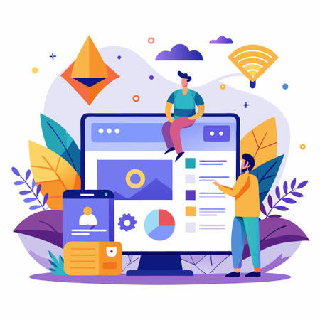 Two men working on website design with a smartphone and laptop on the table.のイラスト素材