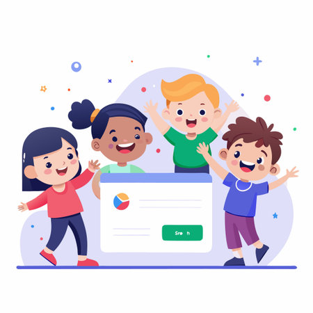 Four happy children stand in front of a website, holding a  blue computer screen, with a pie chart.のイラスト素材