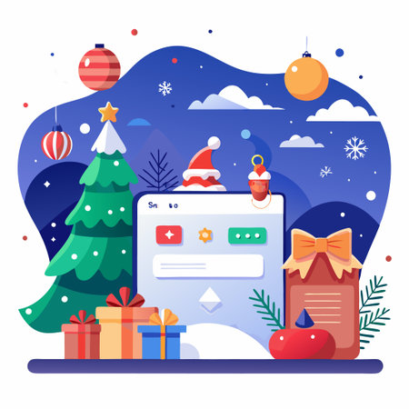 Christmas mobile phone with gifts, ornaments, and a tree.のイラスト素材