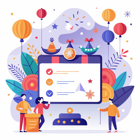 People standing around a large checklist with party decorations and balloons.のイラスト素材