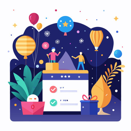 Festive illustration with a web page with review stars, check marks, and a gift box.のイラスト素材