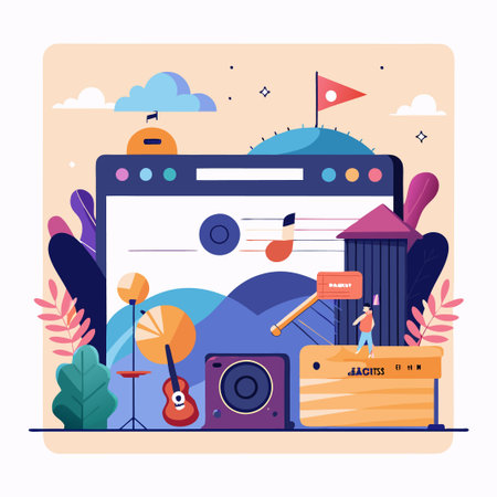 Music production interface with guitar, speaker, microphone, and keyboard.のイラスト素材