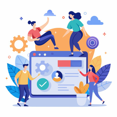 Diverse team interacting with a website interface.のイラスト素材