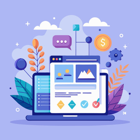 Laptop with online interface,  leaves, chat bubble, and dollar coin on a light blue background.のイラスト素材