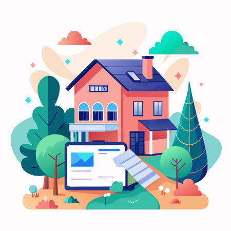 A red house with a tablet in front of it, surrounded by trees and bushes.のイラスト素材