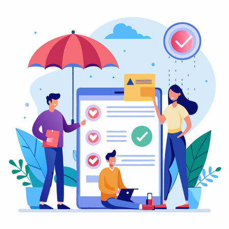People using tablet with checklist and check mark, protected by umbrella.のイラスト素材