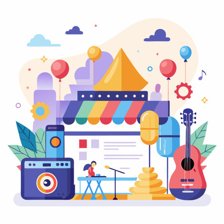 Colorful illustration of a music festival with a stage, a microphone, a guitar, and balloons.のイラスト素材