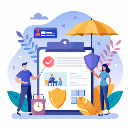 Illustration of a clipboard with a checklist, a man and a woman with shields, and an umbrella for safety and security.のイラスト素材