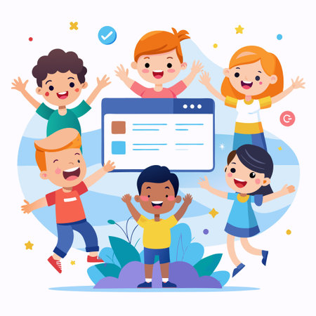 Happy diverse children with a computer screen with a blank space to add text.のイラスト素材