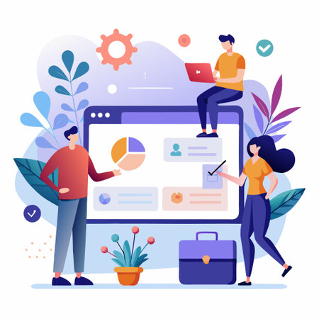 Three people standing in front of a large computer screen with a pie chart and other data.のイラスト素材