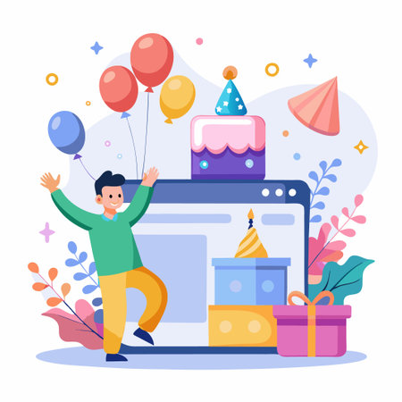 Happy man celebrating online with balloons, cake, and gift.のイラスト素材