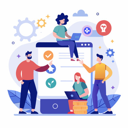 Team of four people working together on a project.のイラスト素材