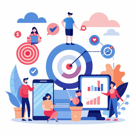 Business people working on project with target, charts and phone.のイラスト素材