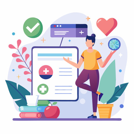 Person Standing Near a Tablet With a Medical Icon and Holding a Brain.のイラスト素材