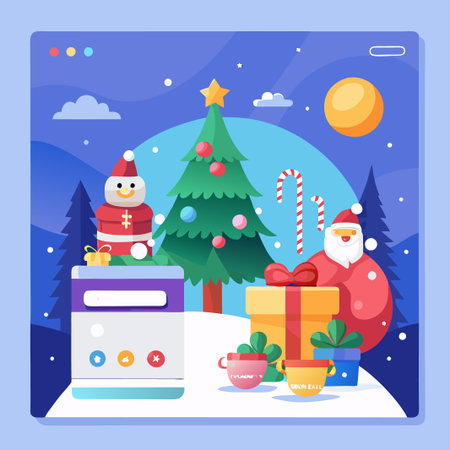 A Christmas scene with a decorated tree, snowman, Santa Claus, gifts and a web browser.のイラスト素材