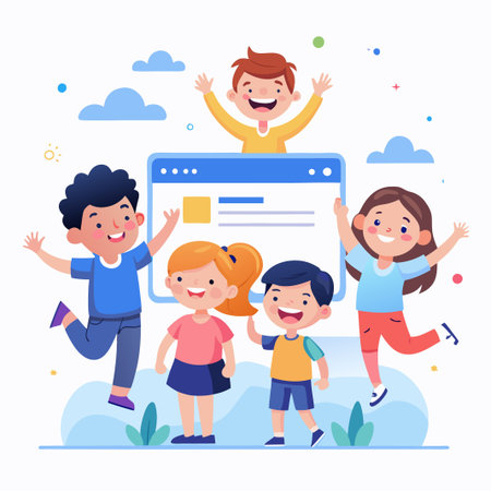 Four happy children celebrate their online success with a computer screen.のイラスト素材