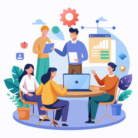 Four diverse people working together on a project, using a laptop, tablet and chart.のイラスト素材