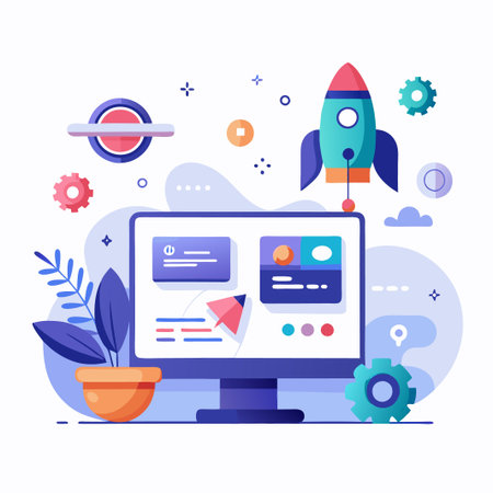 Computer with a rocket, gears and a plant.のイラスト素材