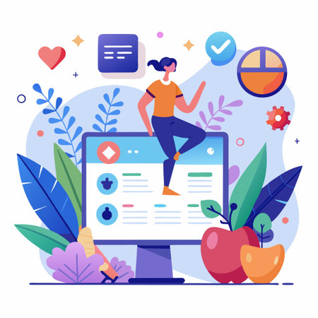 Woman sitting on a computer monitor surrounded by abstract shapes and plants.のイラスト素材