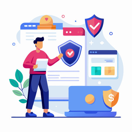 Man holding a shield with a check mark over a computer screen with a shopping cart and boxes, showing security and reliability in online shopping.のイラスト素材