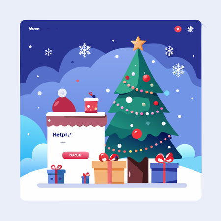 Christmas tree decorated with lights and ornaments in snowy winter scene with gifts and blank mobile app screen.のイラスト素材