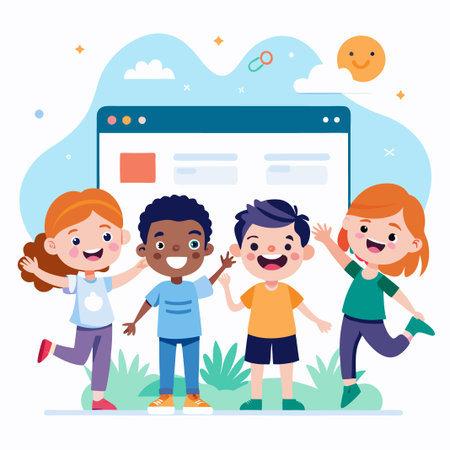 Four happy diverse children smiling and standing in front of a computer screen, representing online learning or internet safety.のイラスト素材