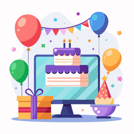 Online birthday party with cake, balloons, gift, and party hat on screen.のイラスト素材