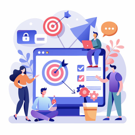 Business people working on a project together in front of a computer screen with a target on it.のイラスト素材