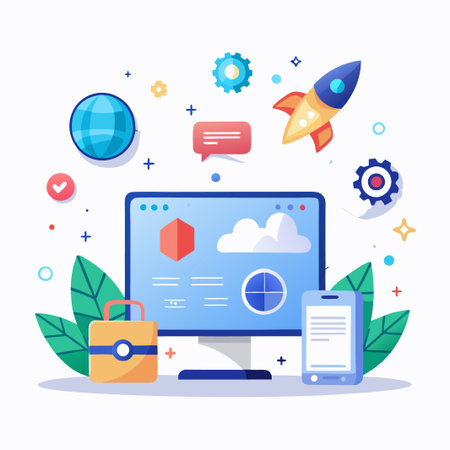 Computer, phone, and padlock with abstract icons representing security, global reach, growth, and communication.のイラスト素材