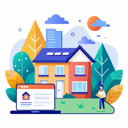 A colorful illustration of a house, a laptop, and a person.  The house has a red and orange facade, a blue roof with solar panels, and a white door. The laptop is open to a website with a picture of a house on it. The person is standing in front of the house, holding a tablet.のイラスト素材