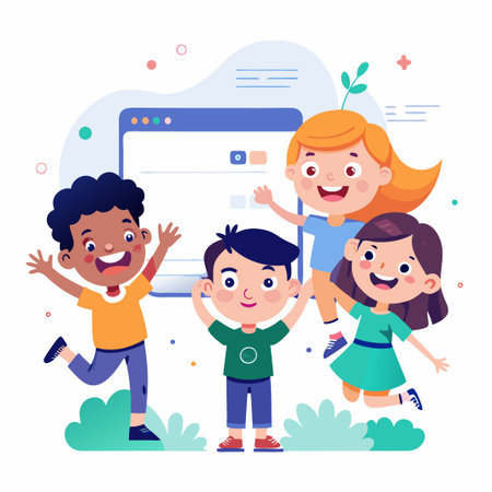 Four happy diverse kids standing in front of a computer screen.のイラスト素材