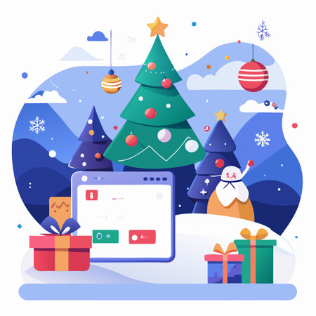 Christmas presents, a snowman, and a decorated Christmas tree on a snowy winter day.のイラスト素材