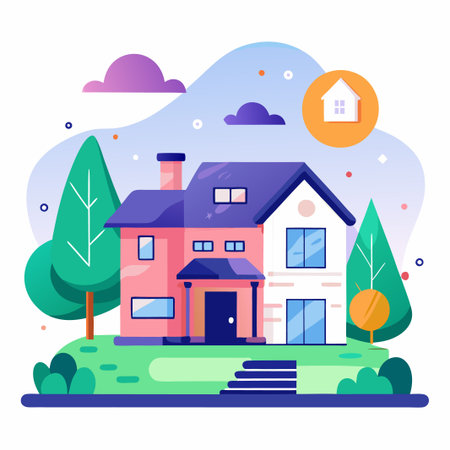 Cartoon illustration of a modern house with a front yard, two trees, and a blue sky with clouds.のイラスト素材