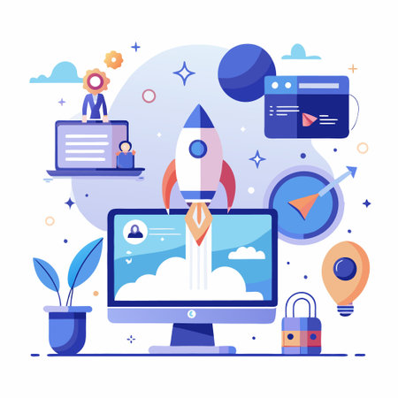 Rocket launching from a computer screen with clouds, a compass, a plant, and a padlock.のイラスト素材