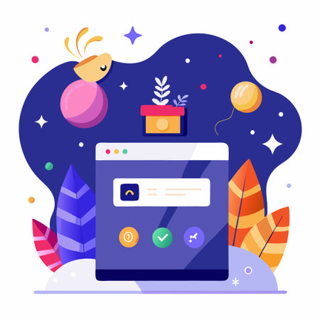 Colorful abstract illustration of a computer screen, with a question mark, check mark, and a gear, with floating balloons, and stars.のイラスト素材