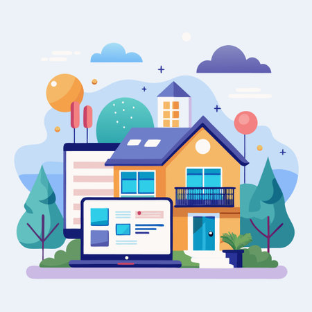 A cartoon illustration of a house and a laptop with a blue sky and clouds in the background.のイラスト素材