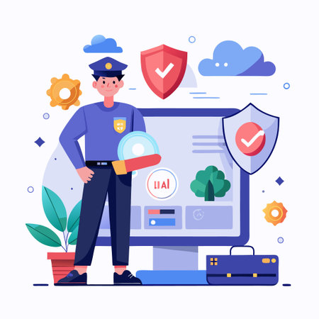 Cyber Security Illustration of a Man in a Police Uniform Holding a Shield with a Check Mark and Standing Near a Computer with a Shield Icon.のイラスト素材