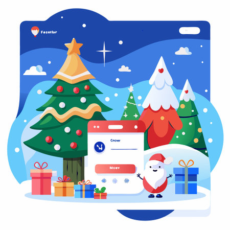 Cartoon Christmas illustration with a snowman, Christmas trees and gifts.のイラスト素材