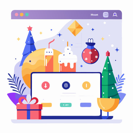 Christmas online shopping interface with a laptop, gift box, decorated fir trees and ornament.のイラスト素材