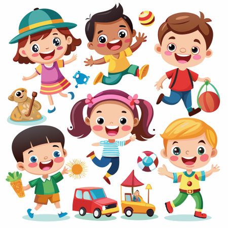 Six kids with toys happily playing.のイラスト素材