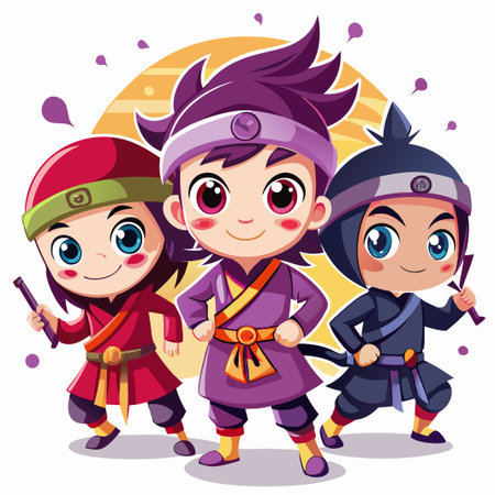 Three smiling cartoon characters in traditional Asian clothing.のイラスト素材