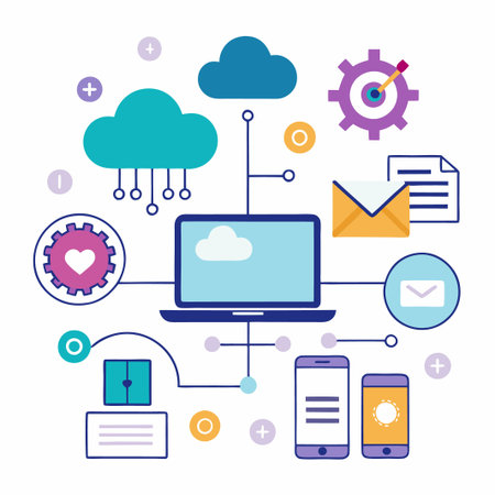 Laptop and smartphone with cloud computing, heart icon and email.