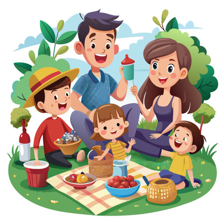 Happy family enjoying a picnic in the park.のイラスト素材