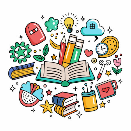 Colorful illustration of an open book with pencils and other school supplies.のイラスト素材