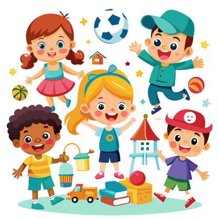 Playful children with toys, enjoying a day of fun and friendship.のイラスト素材