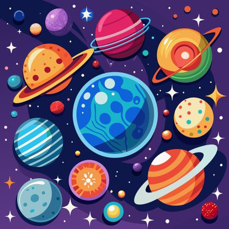 Colorful planets and stars in the night sky.