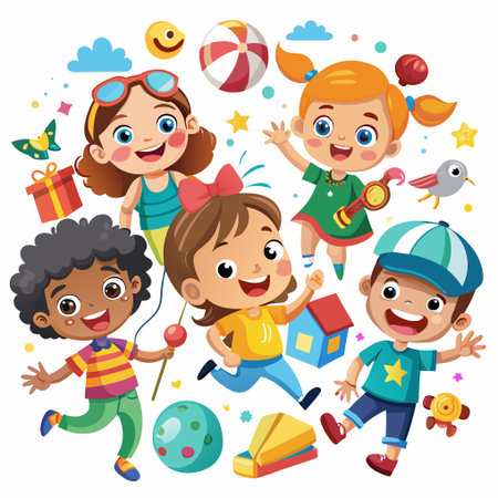 Four happy children playing with toys and smiling.のイラスト素材