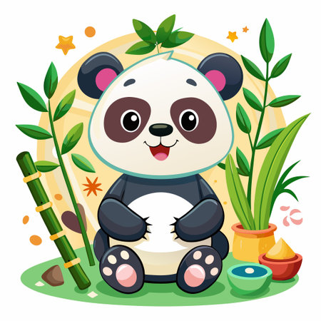 Cute panda bear sitting in a green garden with bamboo and flowers.のイラスト素材