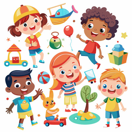 Happy children playing with toys.のイラスト素材